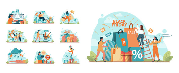 Black friday concept set. Happy character rush to purchases. Shopping cart