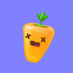 Cute smiling carrot isolated on violet background. Funky Emoji carrot. Smile vegetable sticker with emotions.