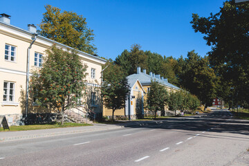 Naklejka premium Fiskars, Finland, a village, the town of Raseborg, in western Uusimaa, Finland, with wooden houses, clock tower and old town main street center