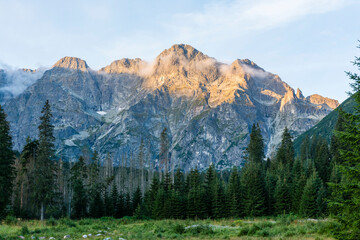 Mieguszowiecki Summits. A very popular view in the Polish Tatras seen from the road to Morskie Oko at sunrise.