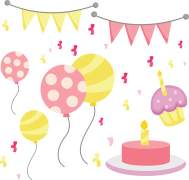 Cute Balloons and Cake Party Decoration Illustration Vector Clipart