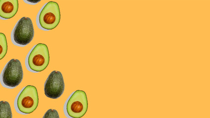 Avocado pattern on an orange background . Green avocado. Top banner, food.