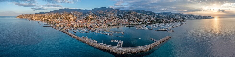 Drone panorama over the harbour of the Italian city of San Remo