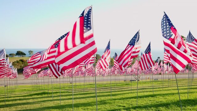American USA flags waving in the wind against sunset in nature outdoor background. Skyline. Concept of 4th of July, Memorial Day, Independence Day, September 09,11,2001. High quality 4k footage