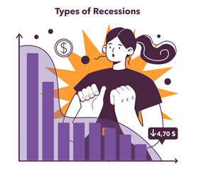 Recession types. Economic slow down or stagnation cause. Economical
