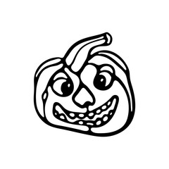 Spooky Halloween pumpkin outline doodle in engraving style. Pumpkin with scary face Trick or treat Vector illustration. Halloween coloring page for kids.