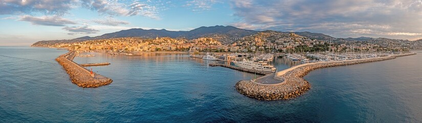 Fototapeta na wymiar Drone panorama over the harbour of the Italian city of San Remo