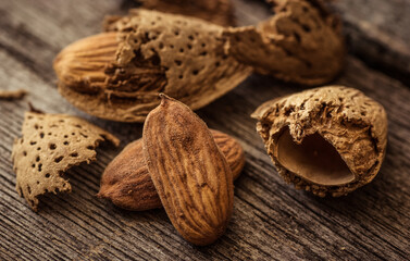 Shelled almond kernels close-up. Almonds in shell