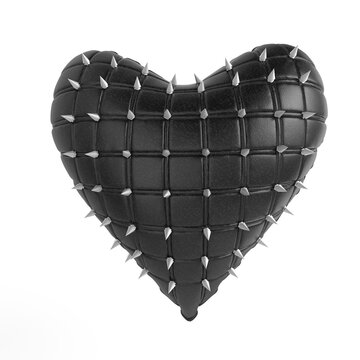 quilted heart with silver, kinky style metal, steel spikes on surface, isolated on transparent background 3d rendering. BDSM style valentine.