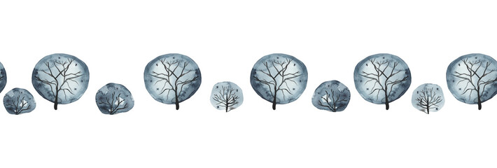 Coniferous forest. Cute winter repeating landscape. Horizontal view of the winter forest.