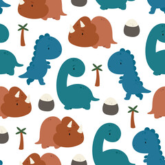 Seamless pattern with cute dinosaurs. Vector illustration in cartoon style. For card, posters, banners, printing on the pack, printing on clothes, fabric, wallpaper.	
