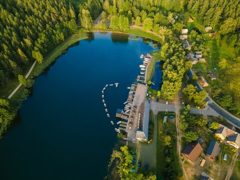 Aerial view of green forests and Paluse Village on the shore of Lusiai Lake in Lithuania