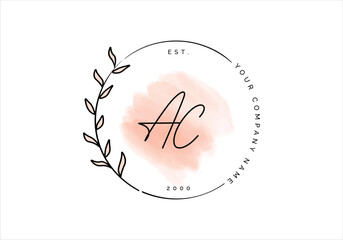 Feminine flower watercolor circle hand drawn letter AC Logo - illustration