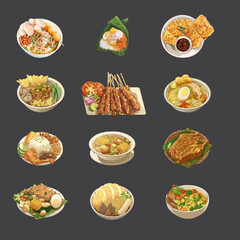 Fototapeta na wymiar Chicken porridge, tempe mendoan, chicken noodle, satay, tamarind vegetable soup, grilled chicken, mixed vegetables, pempek. Set of Indonesian food vector illustration