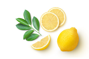 lemon with leaves on white