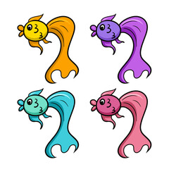 Set of colored icons, Cute aquarium fish with a big tail, vector cartoon