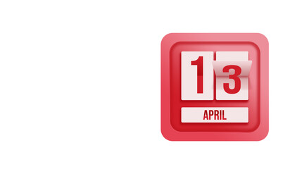 April 13rd. Day 13 of month, Calendar date. Calendar in the form of a mechanical scoreboard red timetable tableau on white.   Spring month, day of the year concept.