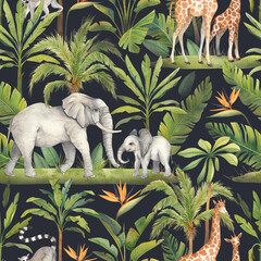 Seamless pattern with watercolor tropical palm trees and animals on a dark background. African fauna: elephant, baby elephant, giraffe and lemur. Hand-drawn illustration of a tropical forest. © ZubiZub