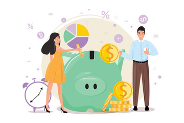 Man and woman putting coins in the piggy bank. Finance, investment, money saving concept illustration piggybank, coins, people and clock. Vector illustration.
