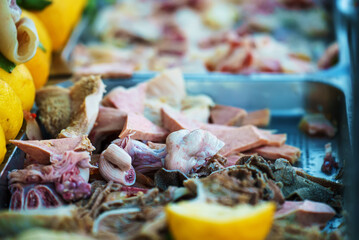 Fresh Bovine offal and intestines cow offal. Tripe.