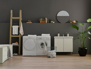 Bathroom, laundry, washing and dry machine, sink cabinet, mirror and object, grey wall background.