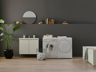 Bathroom, laundry, washing and dry machine, sink cabinet, mirror and object, grey wall background.