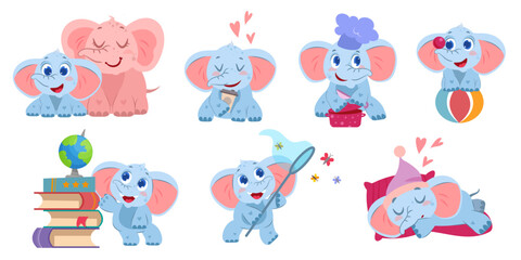 Flat cute circus elephant stand on ball, catch butterflies with net, drink coffee and learn with books and globe. Funny animal character chef making food and sleeping on pillow. Pink mother with baby.