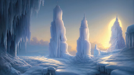 Winter landscape with neon sunset. Large blocks of ice, frozen trees. Fantasy winter snowy landscape. Frozen nature. 
