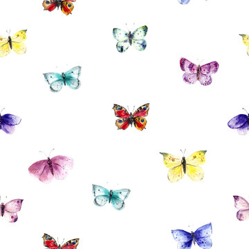 Hand drawn watercolor butterflies seamless pattern