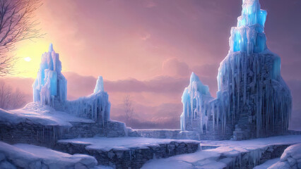 Winter landscape with neon sunset. Large blocks of ice, frozen trees. Fantasy winter snowy landscape. Frozen nature.