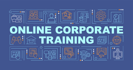 Corporate e training program word concepts dark blue banner. Distance. Infographics with editable icons on color background. Isolated typography. Vector illustration with text. Arial-Black font used