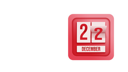 December 22nd. Day 22 of month, Calendar date. Calendar in the form of a mechanical scoreboard red timetable tableau on white.   Winter month, day of the year concept.