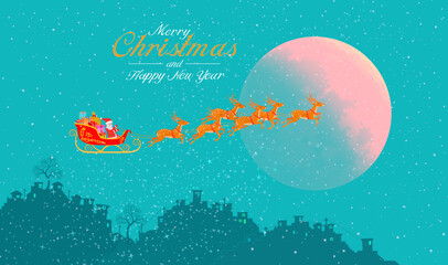 merry Christmas card, santa claus and rudolph reindeer  Happy New Year, moon and slum mint