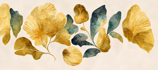 Refined golden flowers on paper are made by hand with watercolor and paint.