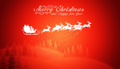 merry Christmas card, santa claus and rudolph reindeer white sled with central focus © pil