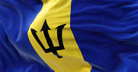 Close-up view of the Barbados national flag waving in the wind