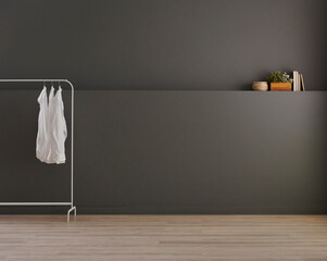 Bathroom, laundry, hanger, washing and dry machine, sink cabinet, mirror and object, grey wall background.