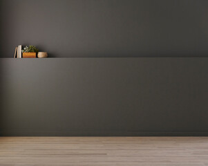 Grey wall room background style with niche, working table, armchair and vase of plant style.