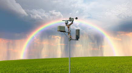 Weather station automatic measurement of weather parameters with Stormy sky and rain, rainbow - obrazy, fototapety, plakaty