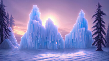 Winter landscape with neon sunset. Large blocks of ice, frozen trees. Fantasy winter snowy landscape. Frozen nature. 