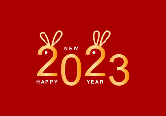 Fototapeta na wymiar Golden yellow chinese happy new year 2023, year of the rabbit cute bunny on red background greeting card flat vector design.