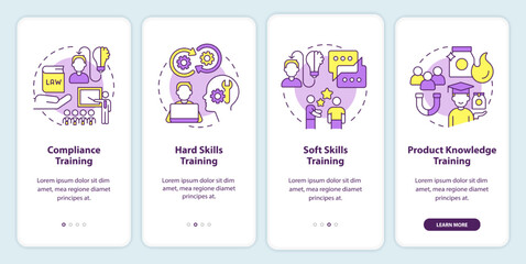 Fototapeta na wymiar Types of training programs onboarding mobile app screen. Knowledge walkthrough 4 steps editable graphic instructions with linear concepts. UI, UX, GUI template. Myriad Pro-Bold, Regular fonts used