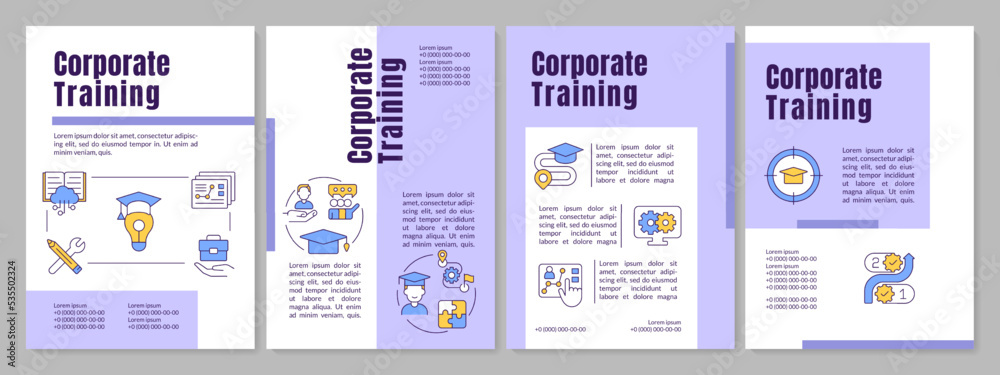 Wall mural Corporate training program purple brochure template. Distant education. Leaflet design with linear icons. Editable 4 vector layouts for presentation, annual reports. Anton, Lato-Regular fonts used - Wall murals