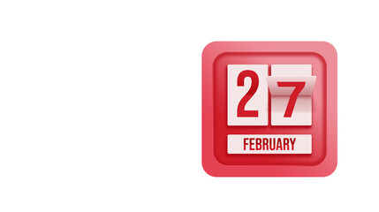 February 27th. Day 27 of month, Calendar date. Calendar in the form of a mechanical scoreboard red timetable tableau on white.   Winter month, day of the year concept.