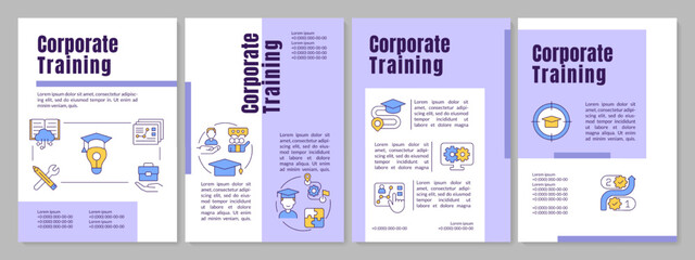 Corporate training program purple brochure template. Distant education. Leaflet design with linear icons. Editable 4 vector layouts for presentation, annual reports. Anton, Lato-Regular fonts used
