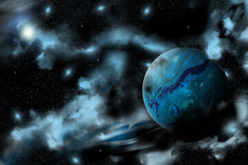 Cosmic background - a fantastic blue planet and the sun on the background of a cosmic nebula.