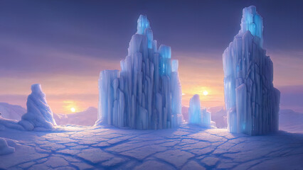 Winter landscape with neon sunset. Large blocks of ice, frozen trees. Fantasy winter snowy landscape. Frozen nature. 