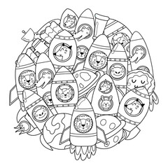 Space rockets with cute animals circle shape pattern for coloring book. Space adventure coloring page. Doodle style print for kids and adults. Vector illustration