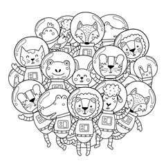 Space animals circle shape pattern for coloring book. Cute animals astronauts in spacesuits coloring page. Doodle style print for kids and adults. Vector illustration - 535502399