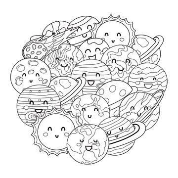Cute planets circle shape pattern. Solar system planets coloring page. Space black and white mandala for coloring book.  Vector illustration